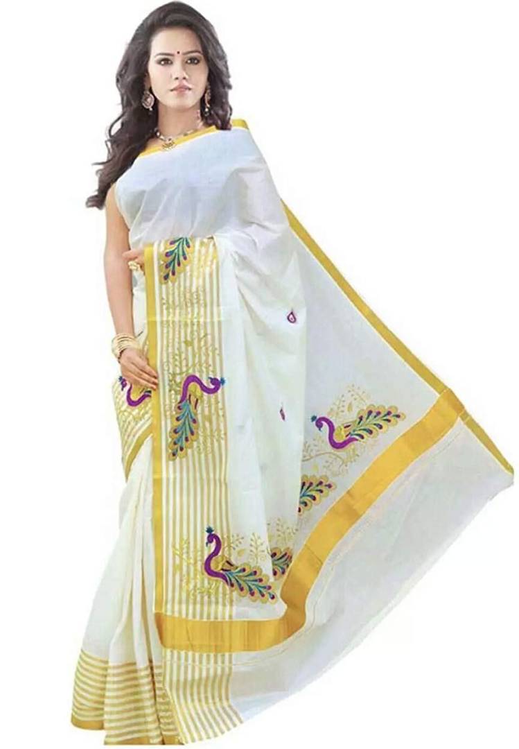 White Kerala Kasavu Cotton Saree With Blouse Piece