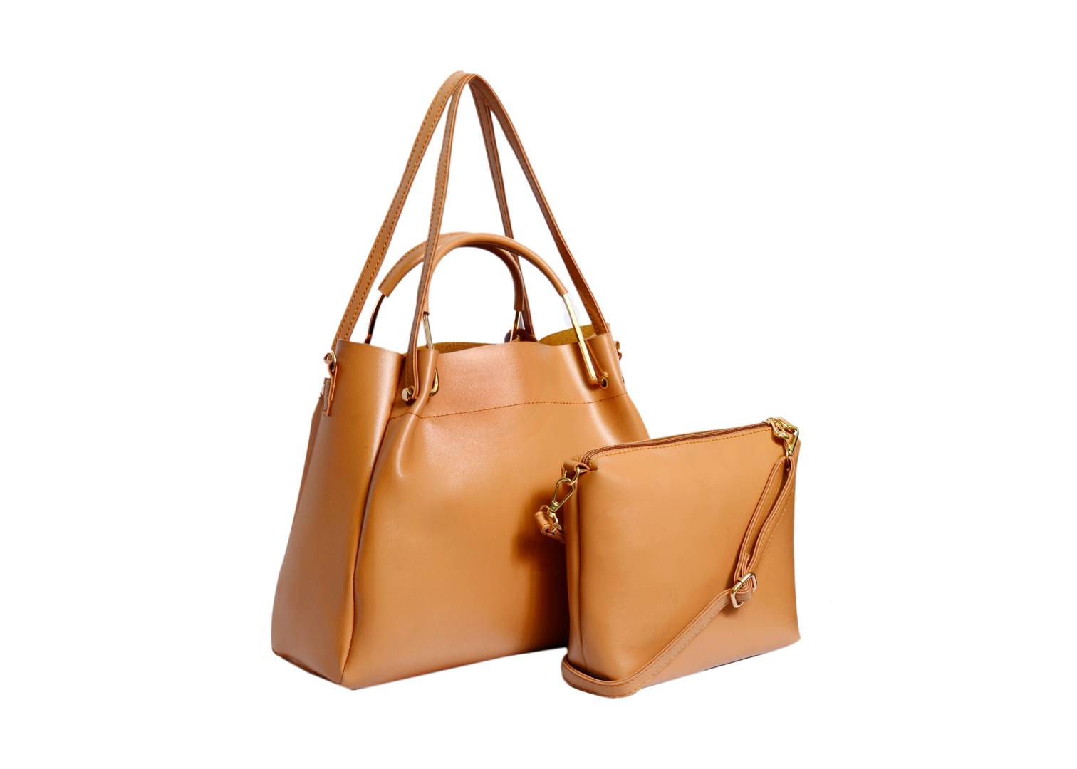 Tan Solid  Handbag with Sling Bag