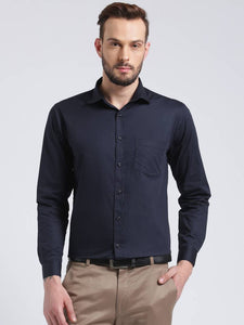 Navy Blue Cotton Solid Regular Fit Formal Shirt