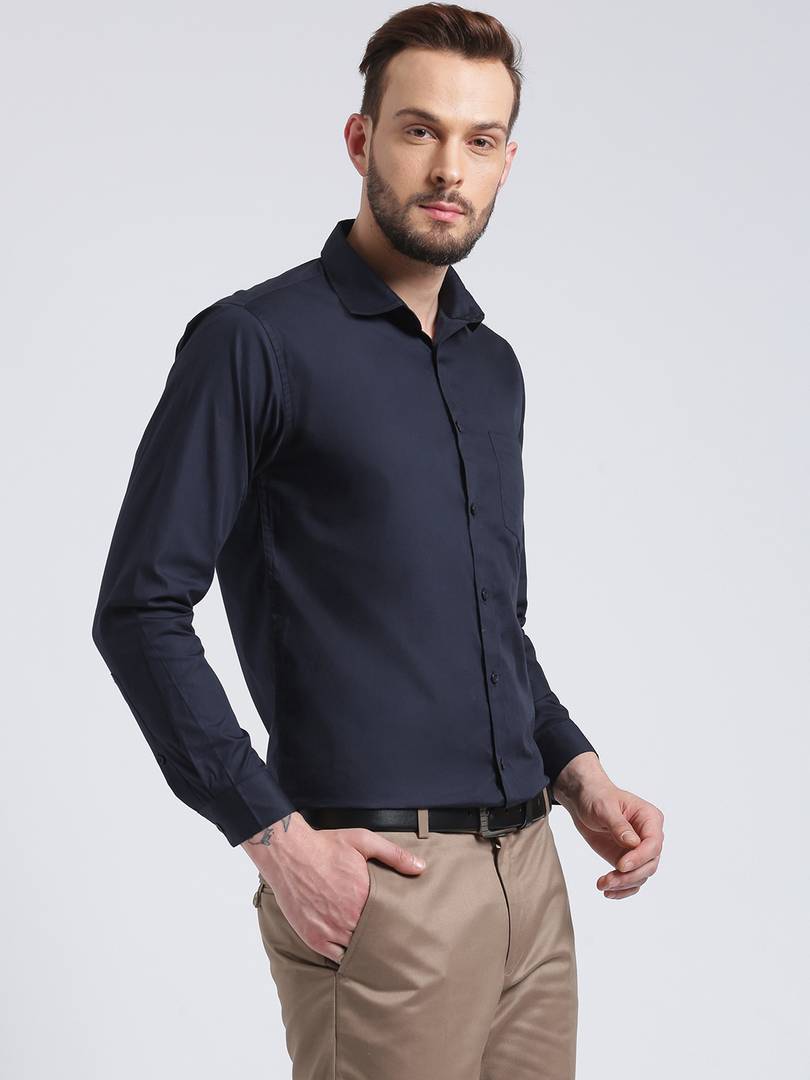 Navy Blue Cotton Solid Regular Fit Formal Shirt