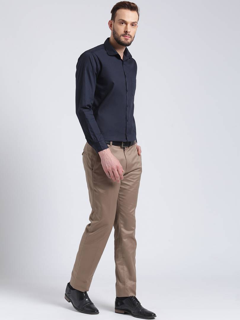 Navy Blue Cotton Solid Regular Fit Formal Shirt