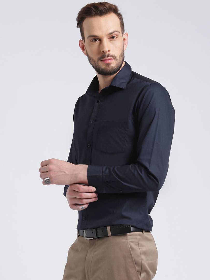 Navy Blue Cotton Solid Regular Fit Formal Shirt