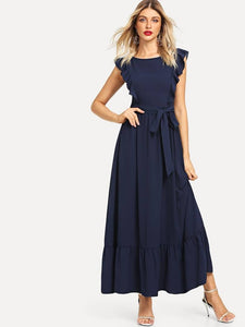 Navy Blue Ruffle Hem Self Belted Maxi Dress
