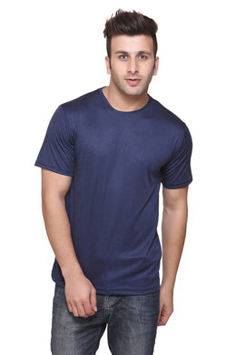 Men Navy Blue Polyester Blend Half Sleeves Round Neck Tees