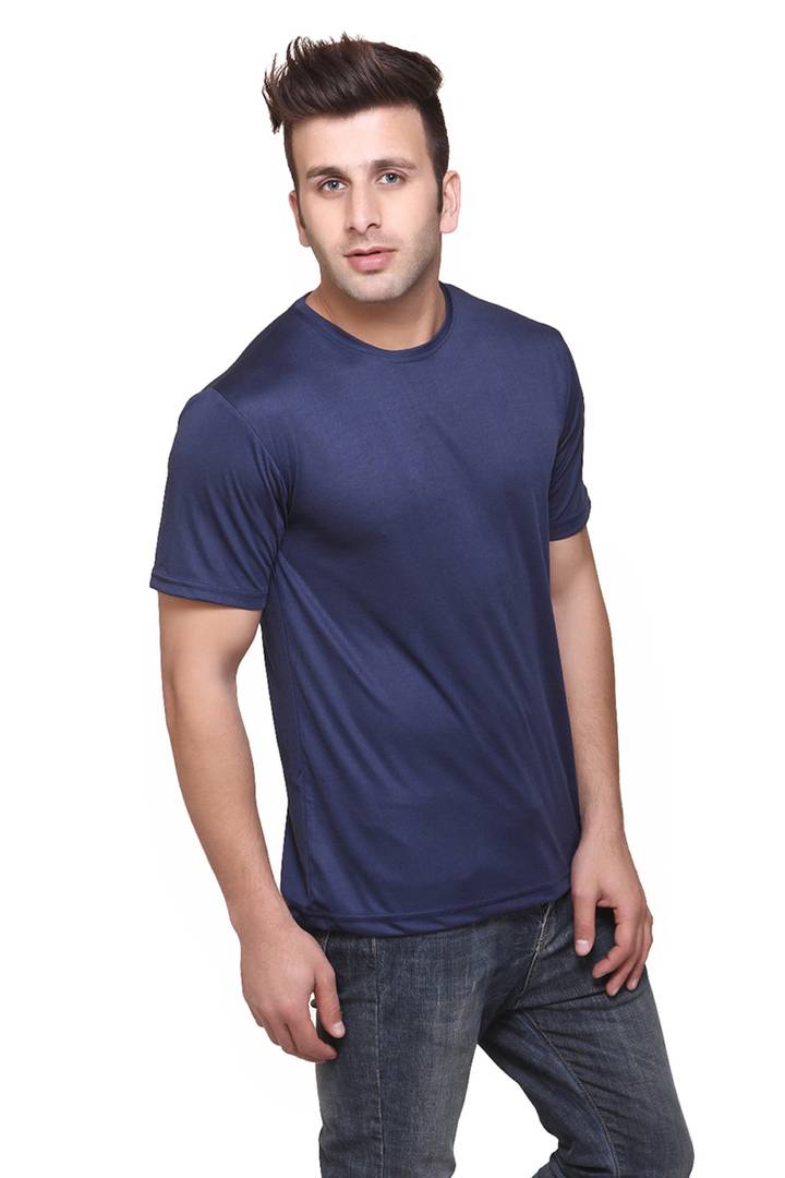 Men Navy Blue Polyester Blend Half Sleeves Round Neck Tees