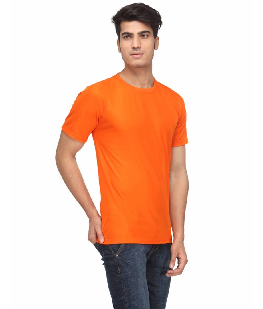 Men Orange Polyester Blend Half Sleeves Round Neck Tees