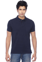 Load image into Gallery viewer, Men Navy Blue Cotton Blend Half Sleeves Polos T-Shirt