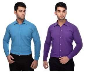 Multicoloured Khadi Solid Long Sleeve Formal Shirt (Combo of 2)