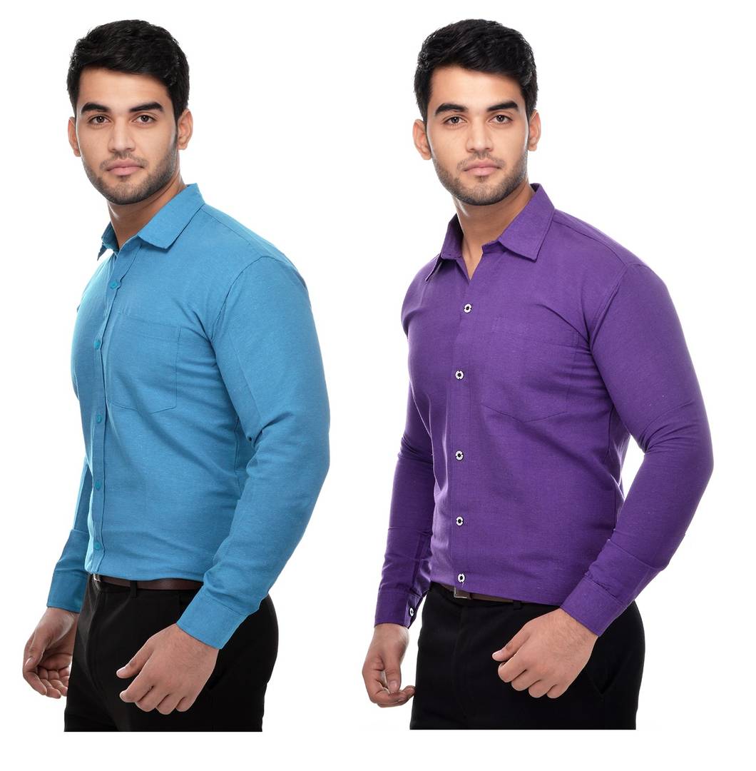 Multicoloured Khadi Solid Long Sleeve Formal Shirt (Combo of 2)