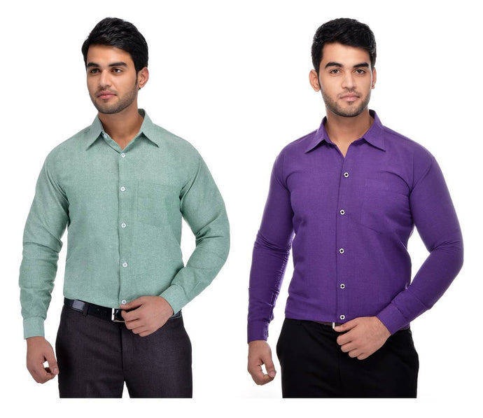 Multicoloured Khadi Solid Long Sleeve Formal Shirt (Combo of 2)