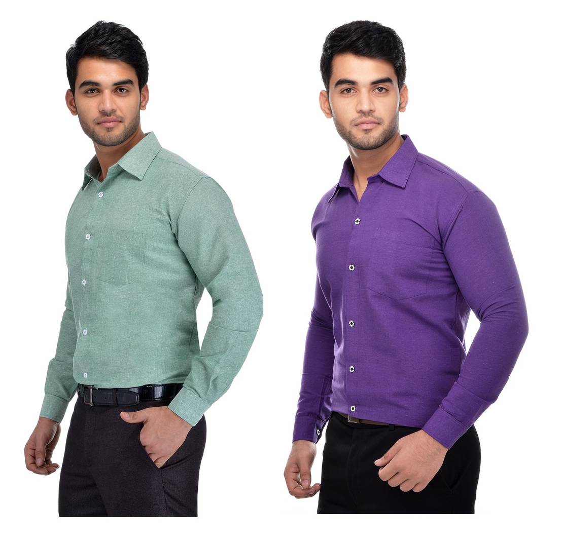 Multicoloured Khadi Solid Long Sleeve Formal Shirt (Combo of 2)