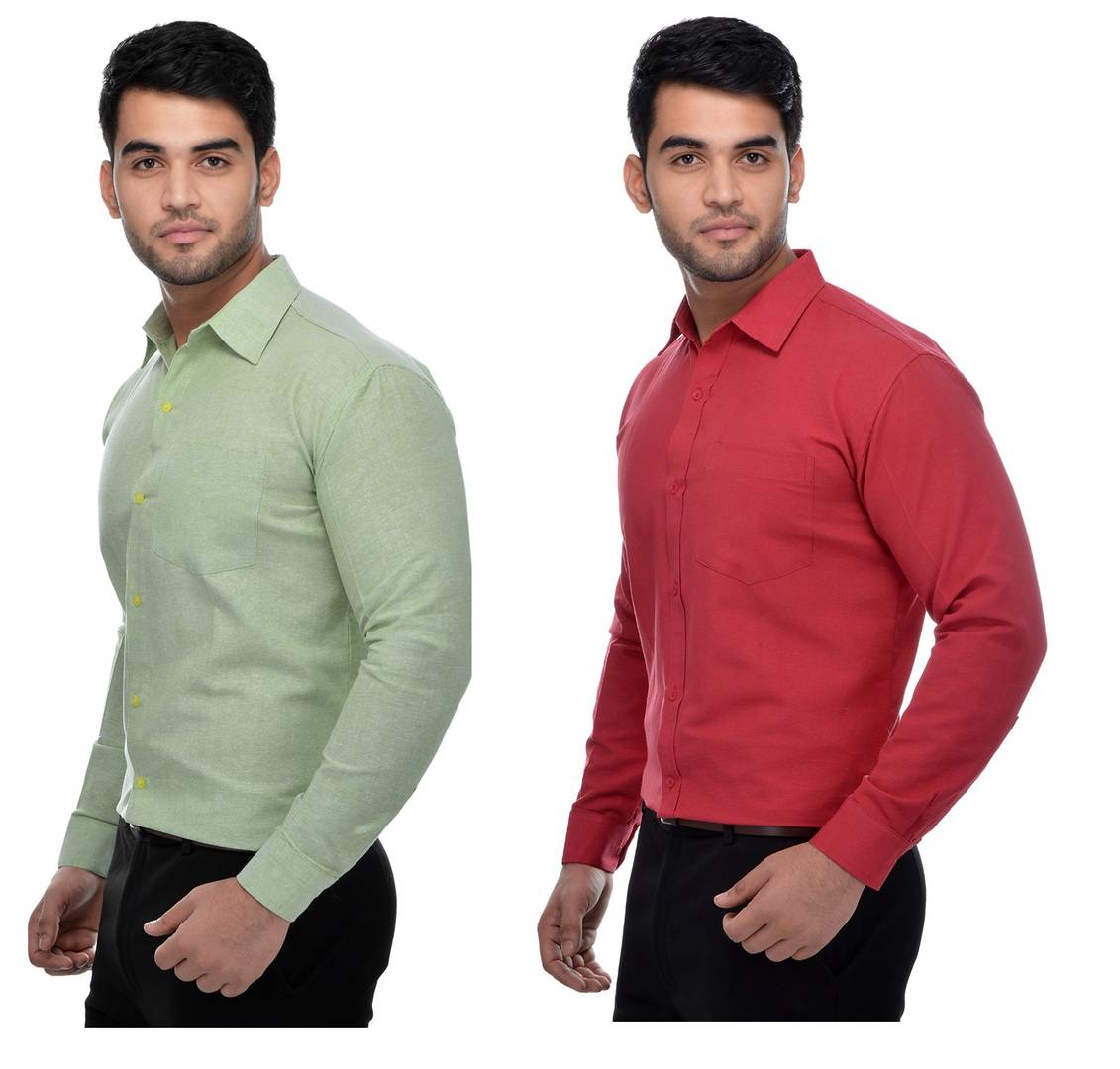 Multicoloured Khadi Solid Long Sleeve Formal Shirt (Combo of 2)