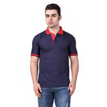 Load image into Gallery viewer, Men Navy Blue Polyester Blend Slim Fit Polo Neck T-Shirt