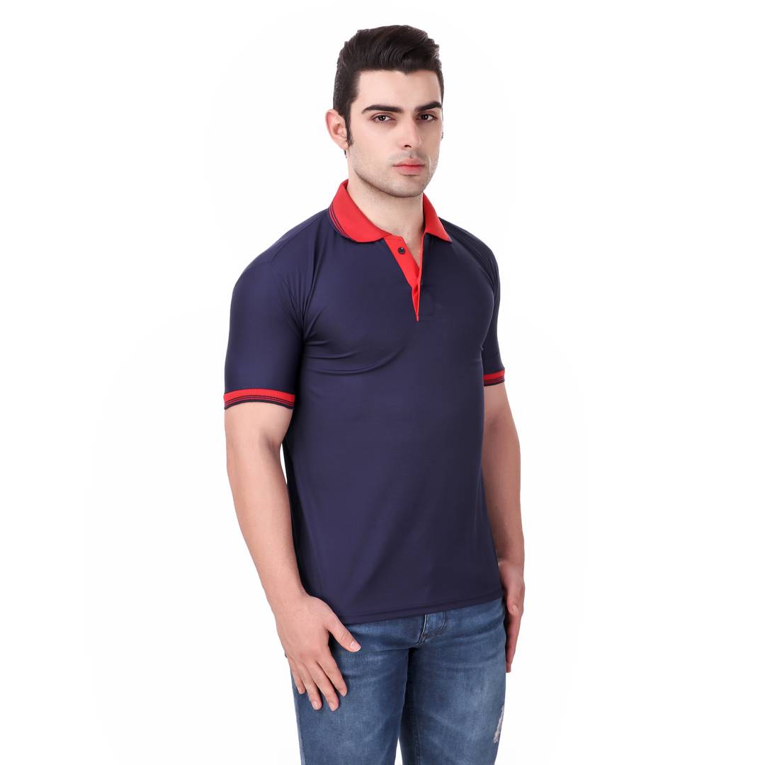 Men Navy Blue Polyester Blend Slim Fit Polo Neck T-Shirt