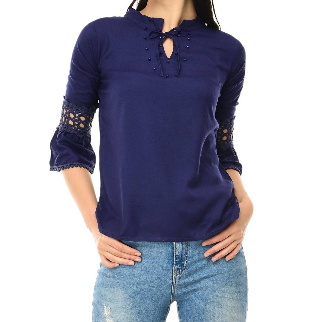 Navy Blue Cotton Solid  Blouse Top