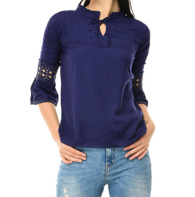 Navy Blue Cotton Solid  Blouse Top