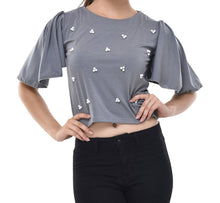 Load image into Gallery viewer, Grey Crepe Embellished Blouse Top