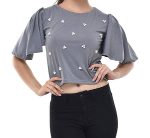 Grey Crepe Embellished Blouse Top