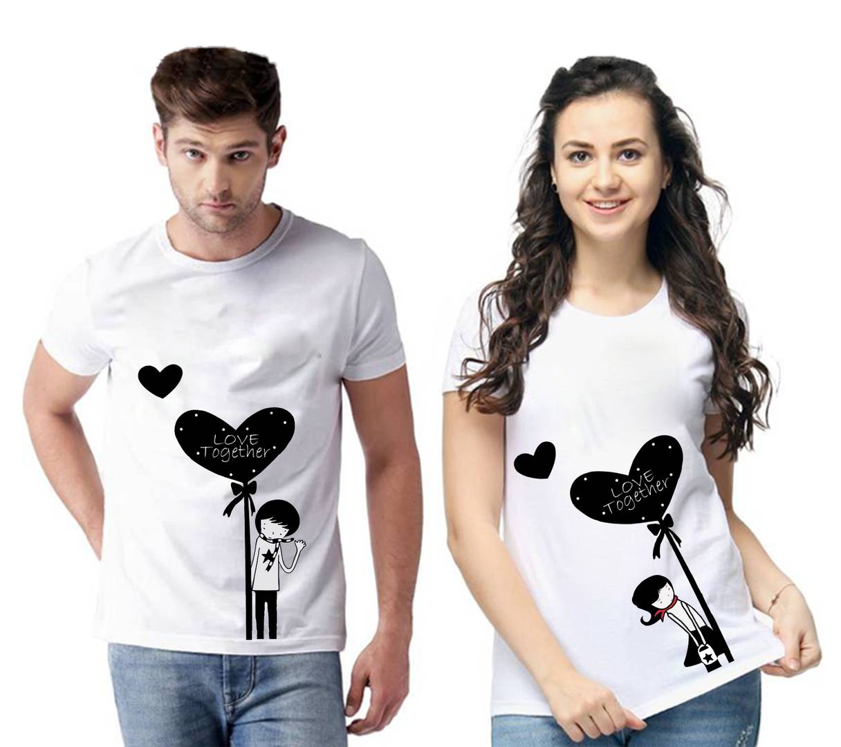 White Cotton Blend Round Neck Printed Couple T-Shirts for Men & Women