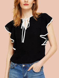 Women Black Plain White Piping Top