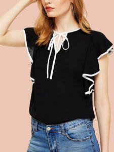 Women Black Plain White Piping Top