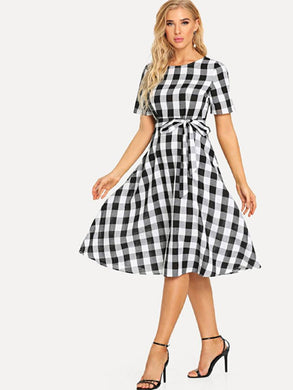 Women Cotton Black White Check Fit and Flare Dress