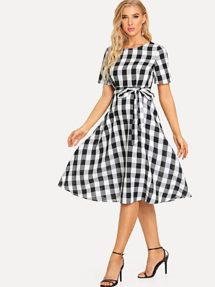 Black and White Checkered Cotton Shirt Dress for Women