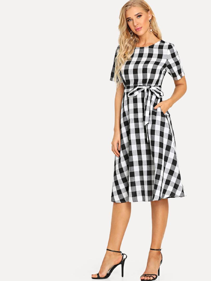 Women Cotton Black White Check Fit and Flare Dress