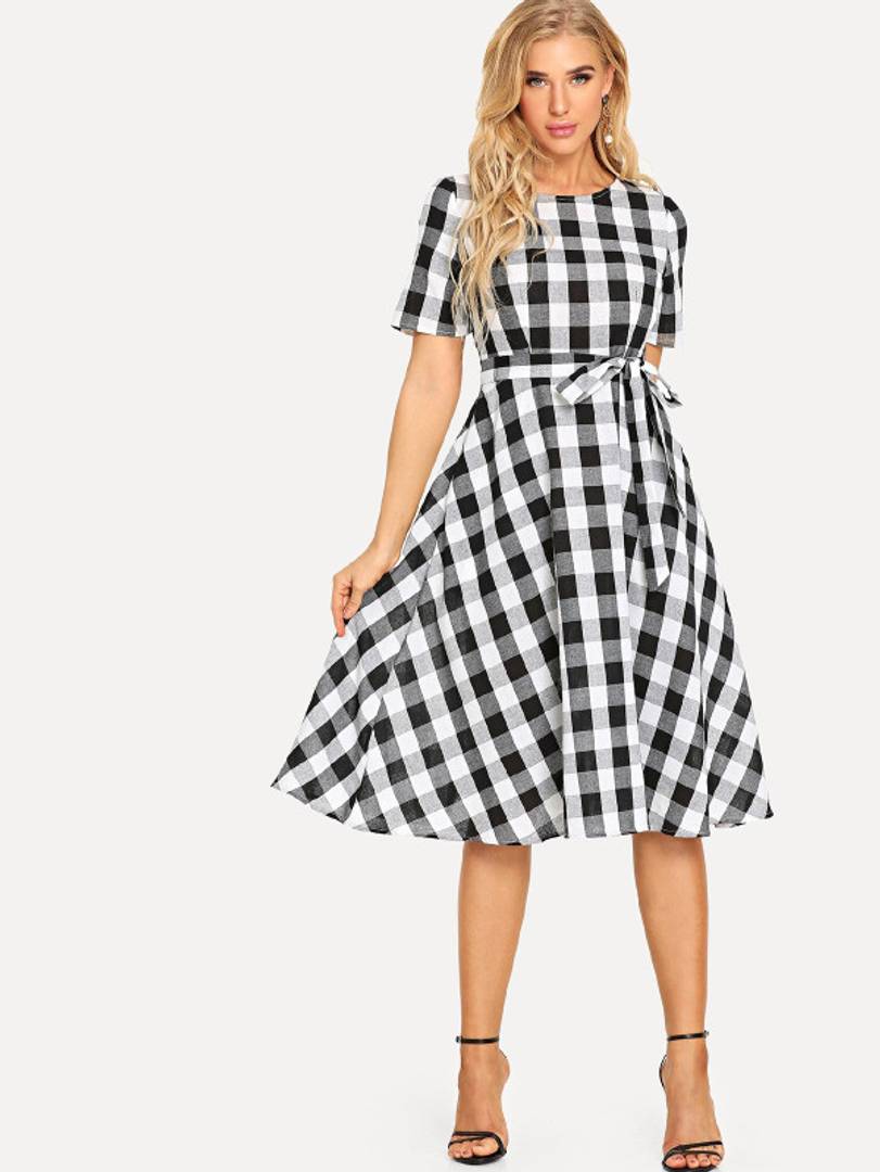 Women Cotton Black White Check Fit and Flare Dress