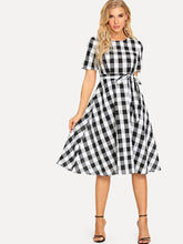 Load image into Gallery viewer, Women Cotton Black White Check Fit and Flare Dress