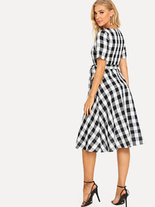 Women Cotton Black White Check Fit and Flare Dress