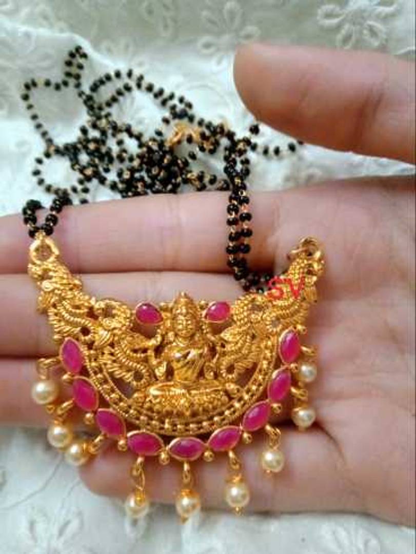 gold plated pink stone mangalsutra