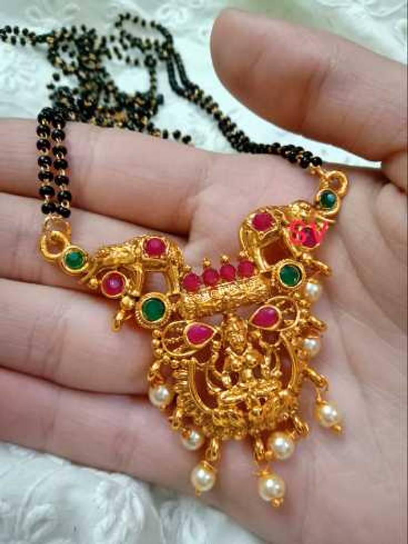 gold plated pink and green stone mangalsutra