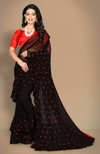 Load image into Gallery viewer, Designer Black Georgette Ruffle Saree with Blouse Piece - SVB Ventures 