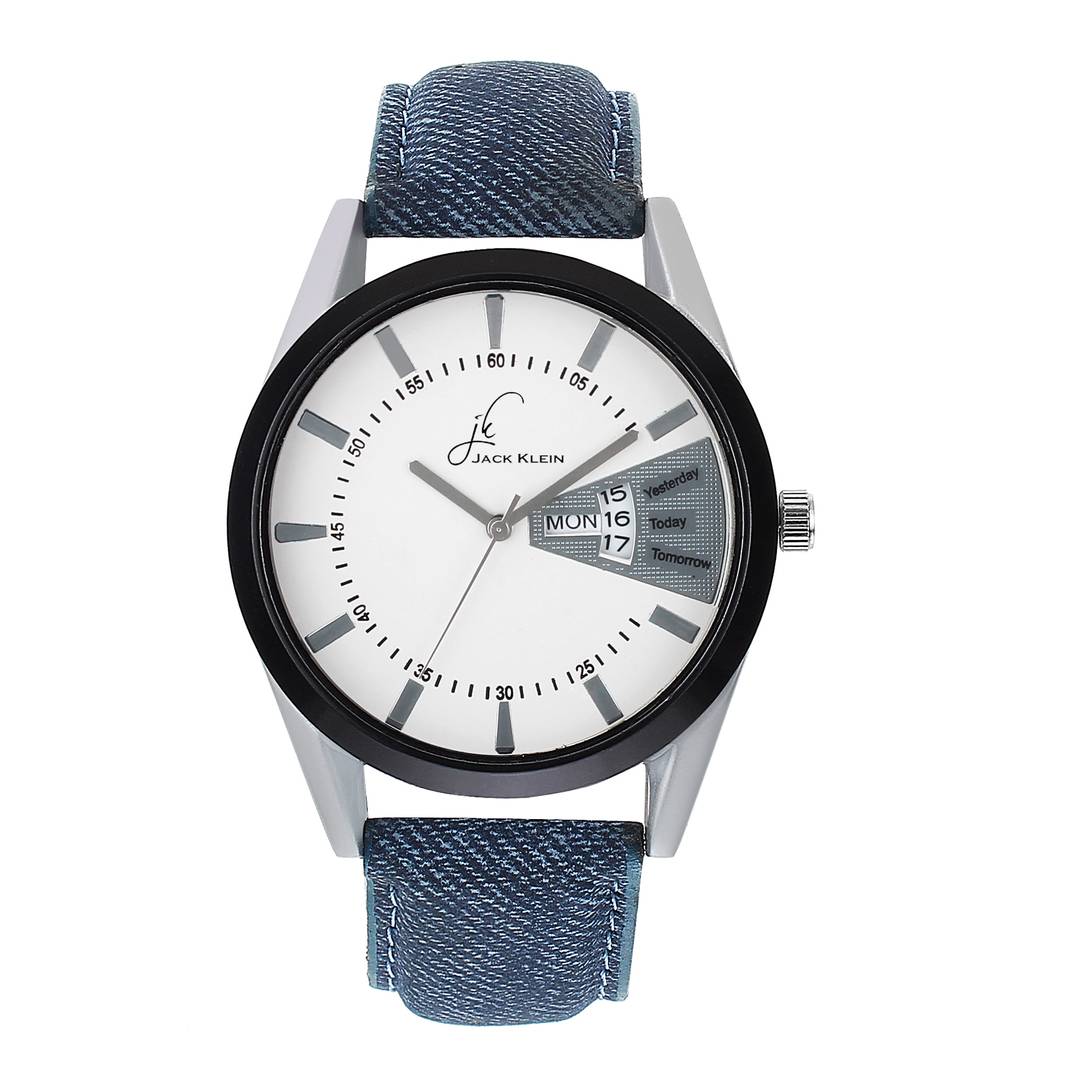 Formal White Dial Denim Finish Day And Date Working Wrist Watch