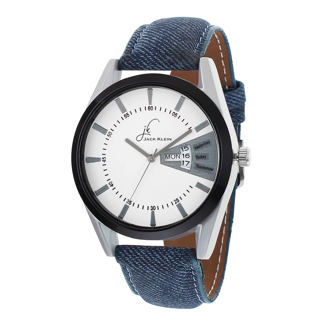 Formal White Dial Denim Finish Day And Date Working Wrist Watch