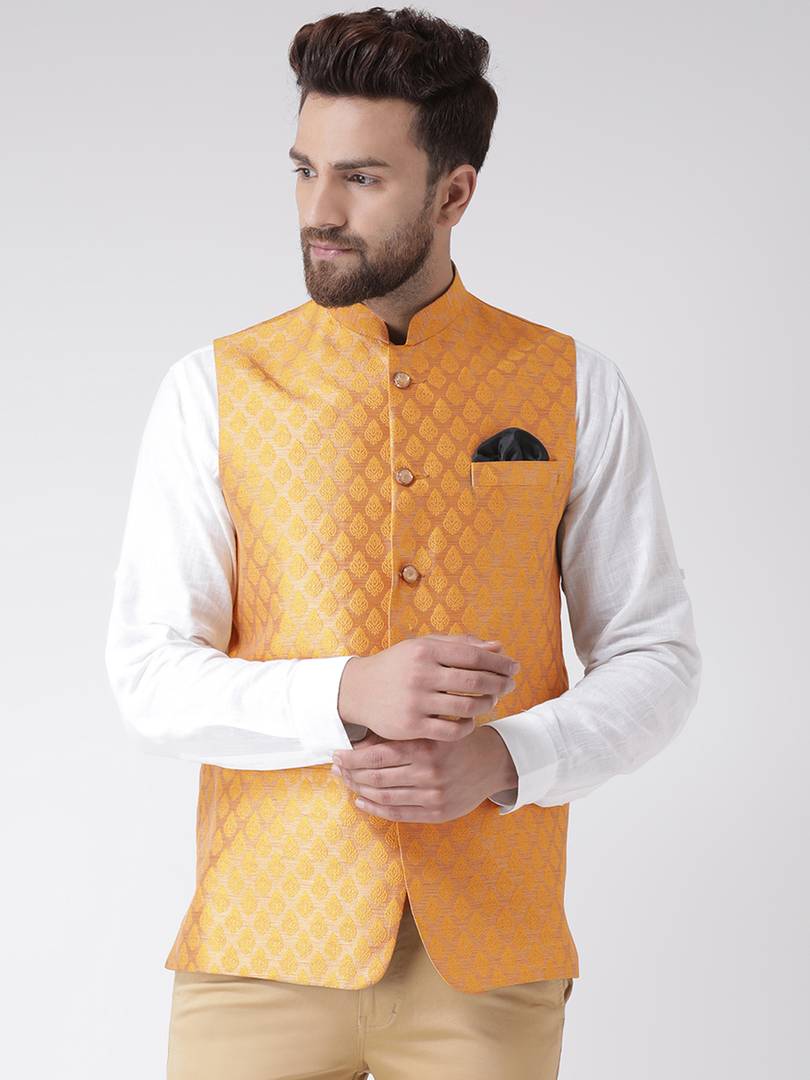 Orange Polyester Blend Printed Nehru Jackets