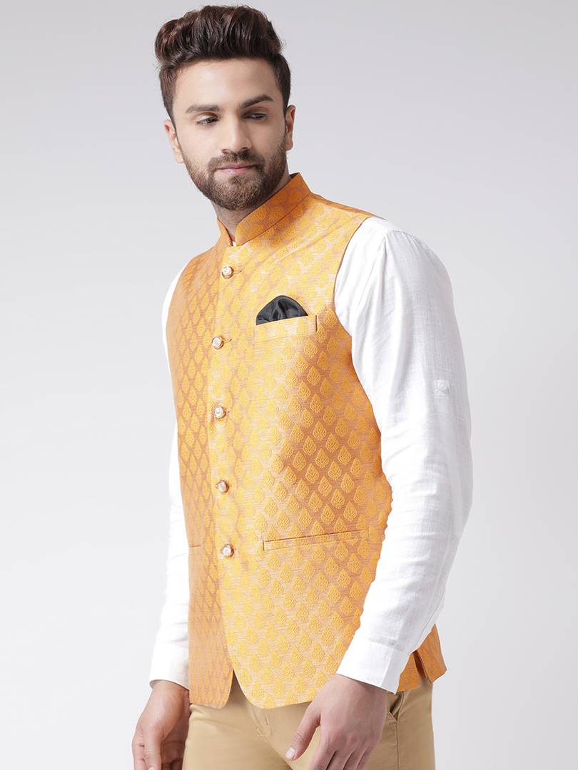 Orange Polyester Blend Printed Nehru Jackets