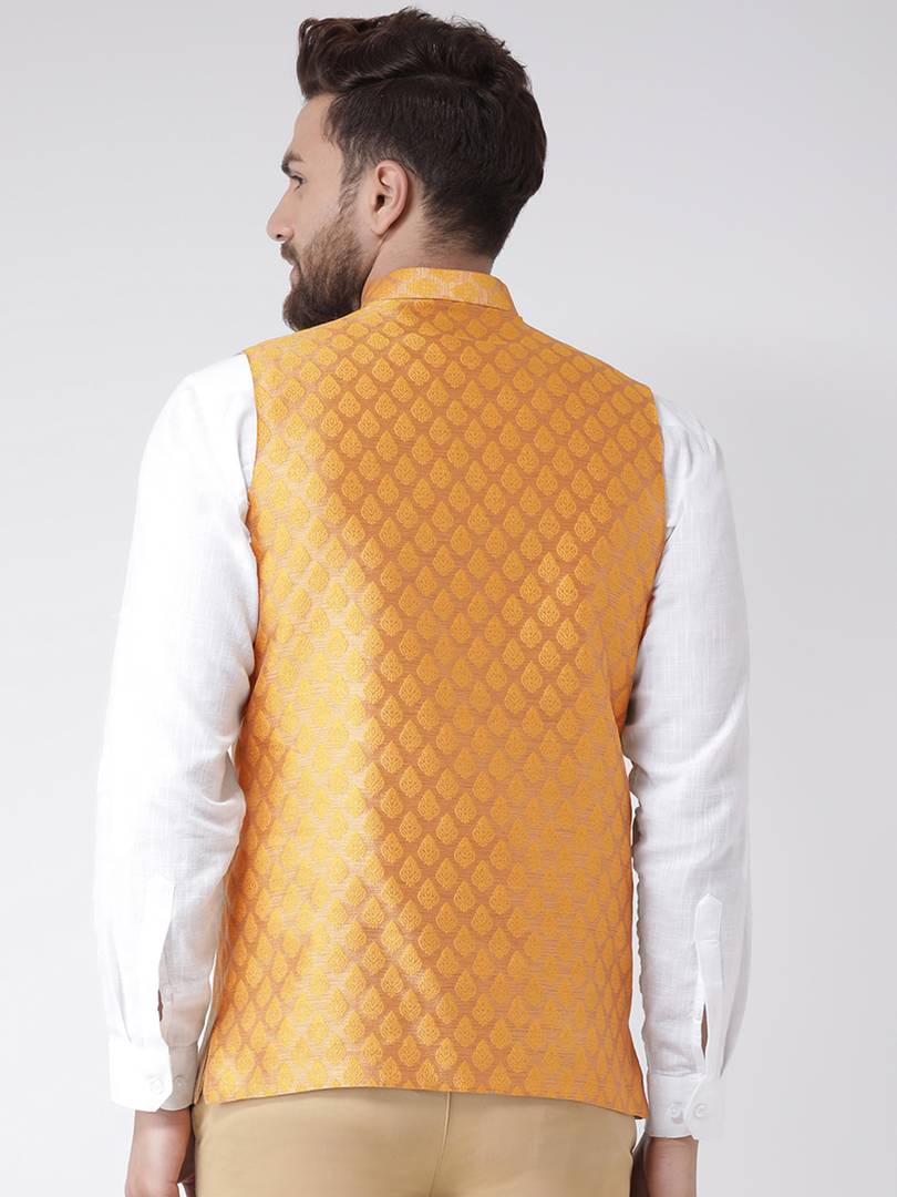 Orange Polyester Blend Printed Nehru Jackets