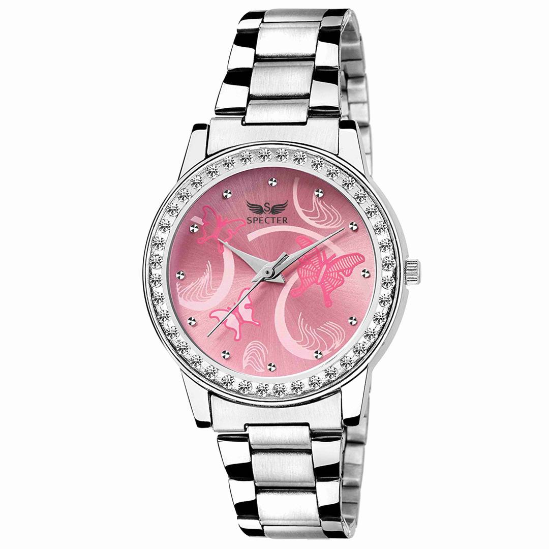 Pink Analog Watch With Metal Strap