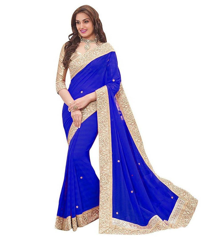 Blue Georgette Bollywood Designer Party Wear Saree With  Blouse Piece