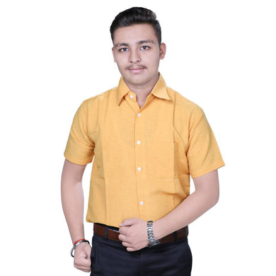 Yellow Cotton Solid Short Sleeve Formal Shirt