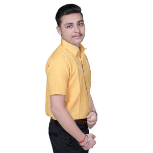 Yellow Cotton Solid Short Sleeve Formal Shirt