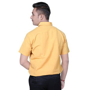 Yellow Cotton Solid Short Sleeve Formal Shirt