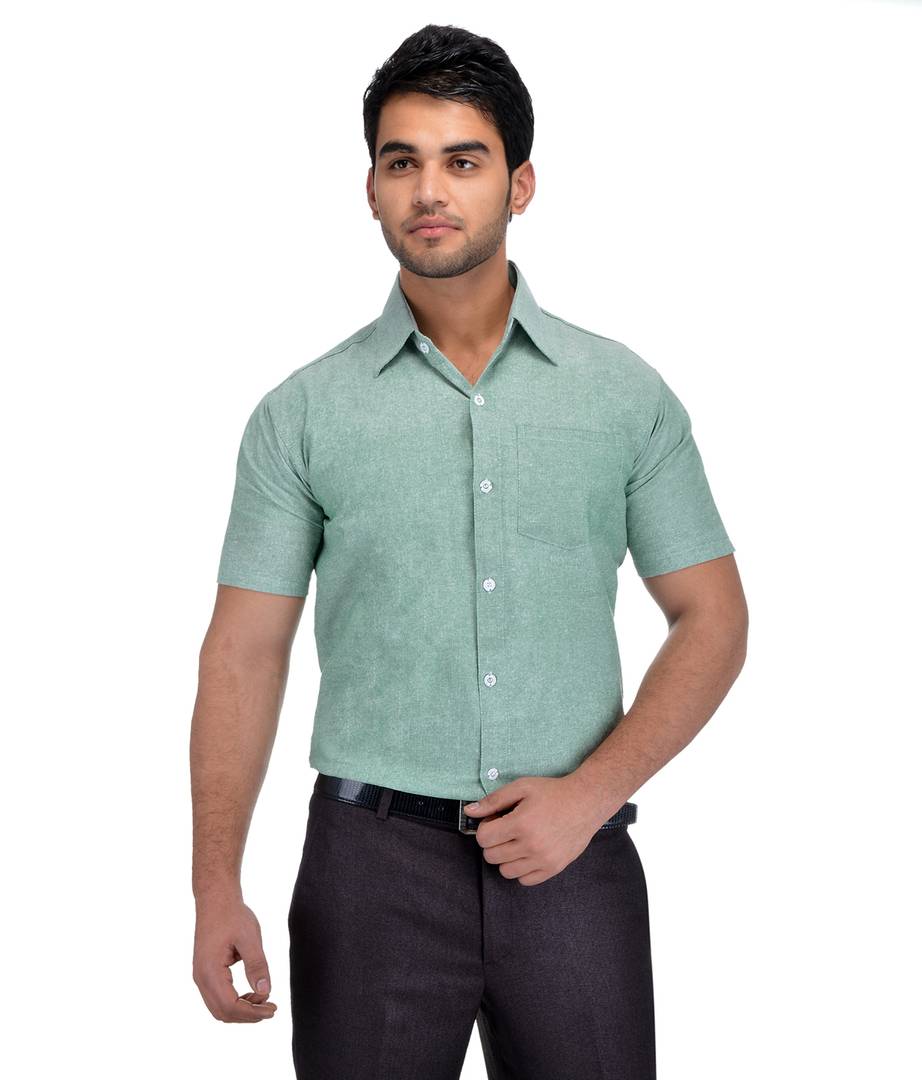 Green Cotton Solid Short Sleeve Formal Shirt