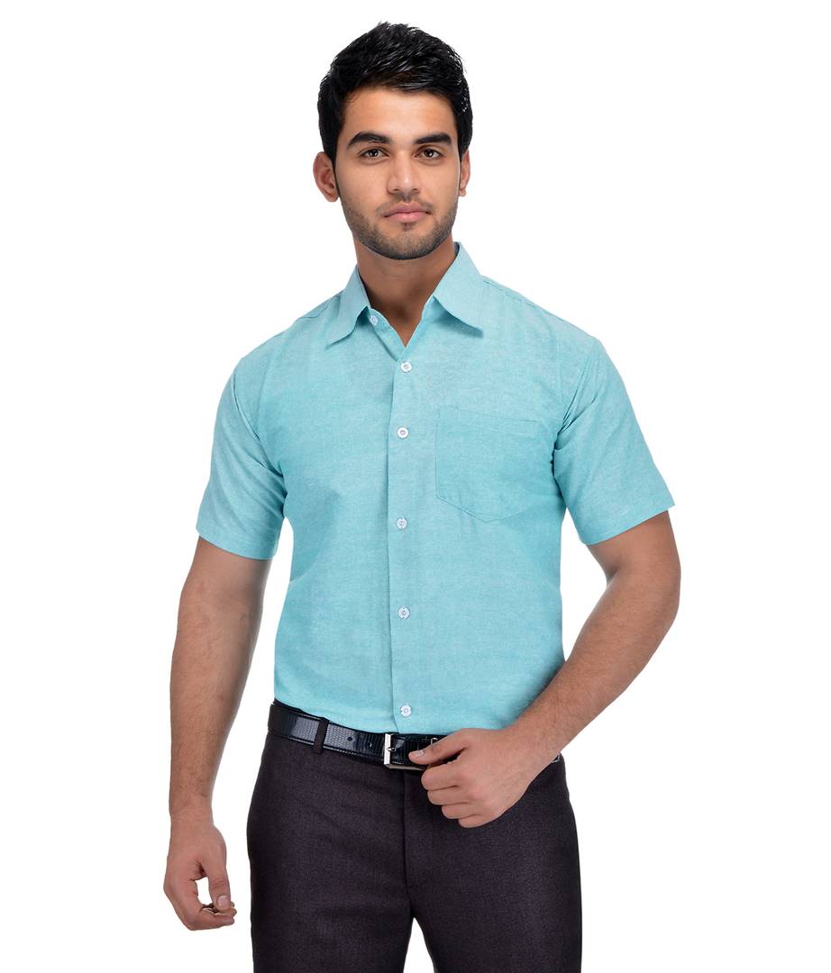 Blue Cotton Solid Short Sleeve Formal Shirt