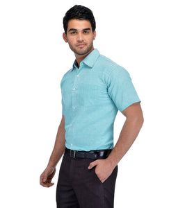 Blue Cotton Solid Short Sleeve Formal Shirt