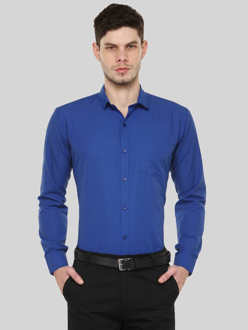 Blue Solid Cotton Blend Slim Fit Formal Shirt