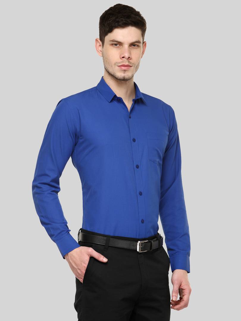 Blue Solid Cotton Blend Slim Fit Formal Shirt