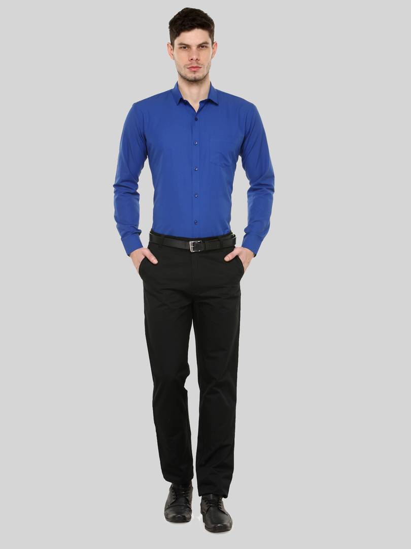 Blue Solid Cotton Blend Slim Fit Formal Shirt